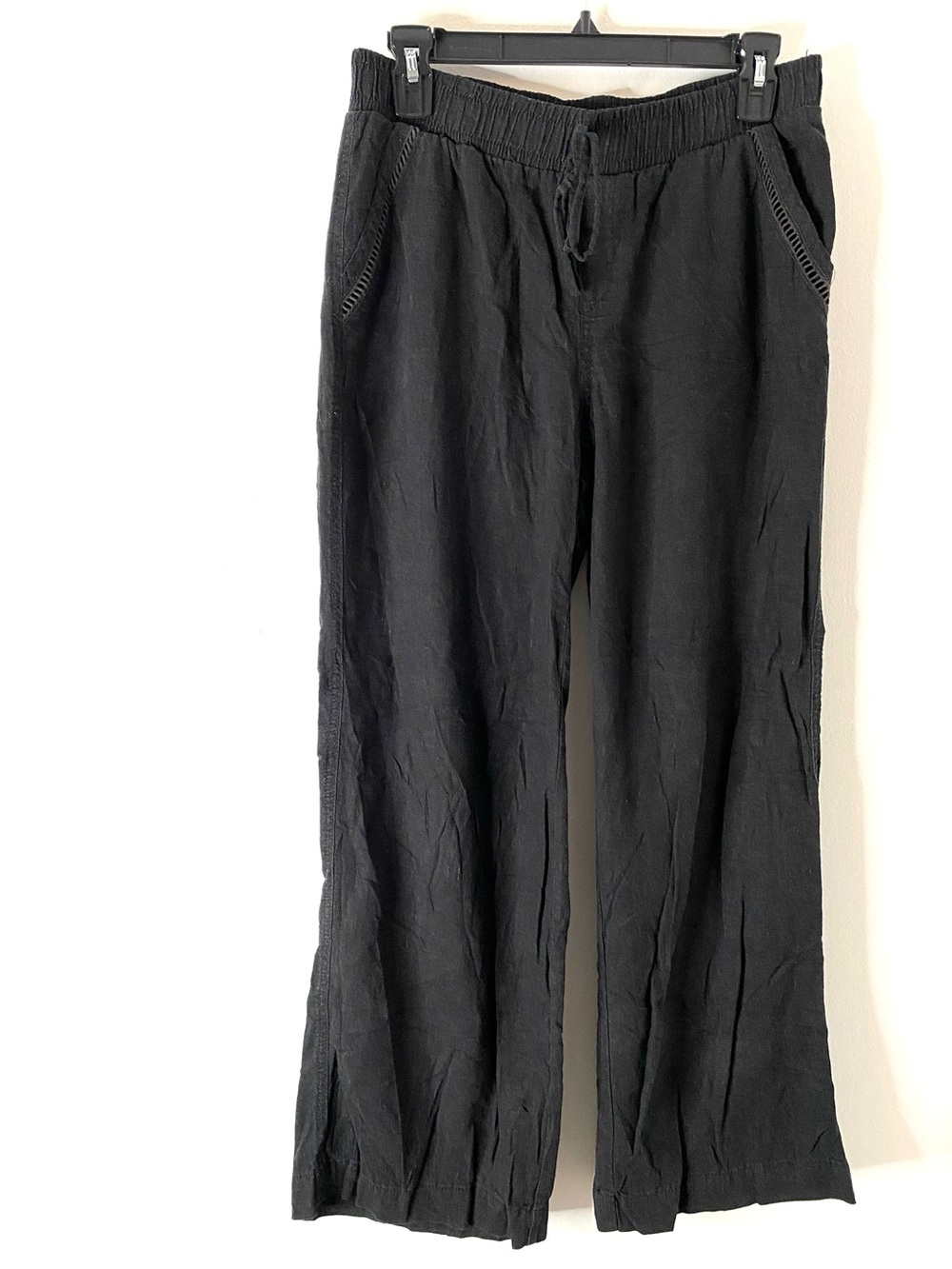 Briggs Black Linen Blend Wide Leg Drawstring Pants Pull On Pockets